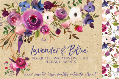 Lavender and Blue Pink Purple Watercolor Floral Clip Art