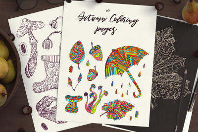 Autumn coloring book doodle elements