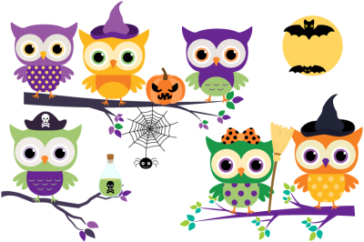 Cute Halloween owls clipart set, Halloween clip art