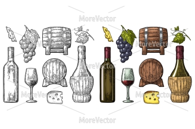 Wine set. Bottle, glass, barrel, cheese, bunch