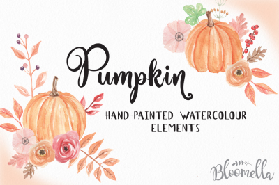 Pumpkin Watercolour Floral Clip Art Hand Painted Harvest Festival Autumn Fall Flower Elements