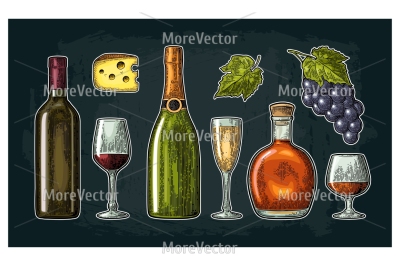 Set drinks made from grapes. Wine, brandy, champagne