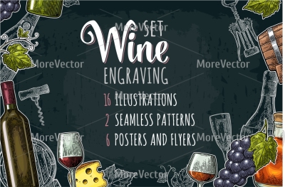 Set posters pattern and engraving illustration Wine, brandy, champagne