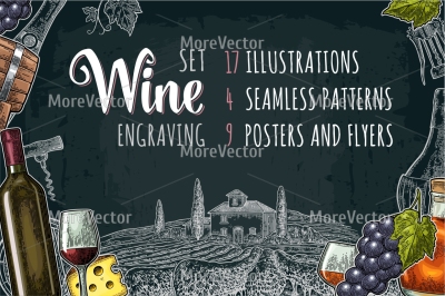 Set posters pattern and engraving illustration drinks made from grapes. Wine, brandy, champagne, vineyard 
