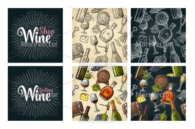 Seamless pattern drinks made from grapes and logotype wine