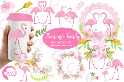 Floral Flamingos clipart, graphics, illustrations AMB-1047