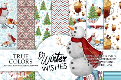 Winter Wishes Digital Paper Pack Watercolor Hand-painted Red Blue Nordic Scandinavian Pattern Snowman Christmas Tree Ornaments Sledge Scarf