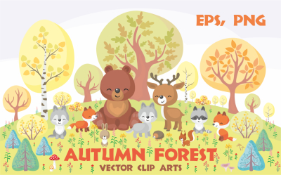 Autumn forest. Cute animals and plants.