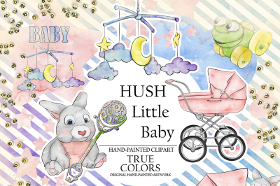Hush Little Baby Clip Art Fashion Illustration Planner Stickers Supplies Watercolor Bunny Stroler Frog Toy Rattle Pink Blue Moon Sticker DIY