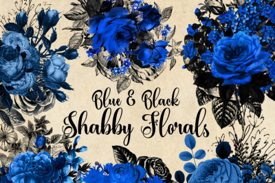 Blue and Black Shabby Floral Clipart