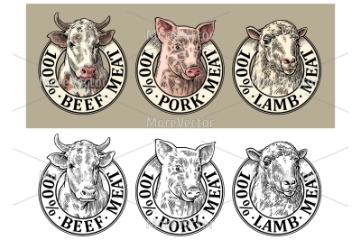 Cows, pig, sheep head. 100 percent beef pork lamb meat lettering.