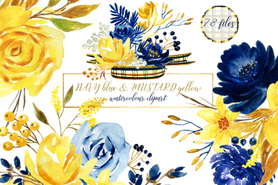 Blue and yellow watercolor flowers