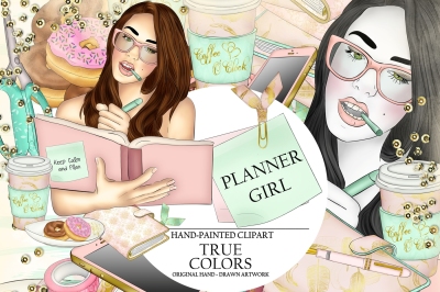 Planner Girl Clip Art/Planner Girl Clipart/planner girl supplies/Fashion Illustration/Planner Sticker/Coffee Cup/Donut/Planning/DIY/Supplies