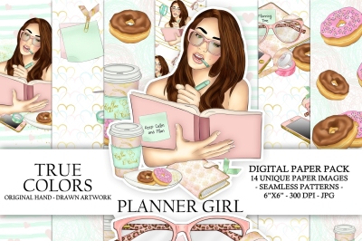 Planner Girl Digital Paper Pack Planning Fashion Illustration Planner Stickers Supplies Seamless Watercolor Blue Pink Coffee Mug Background