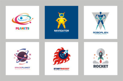 Planet, Rocket, Astronaut Logo Set