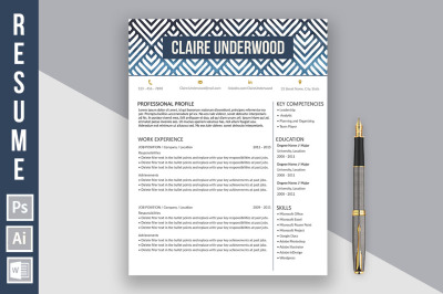 Resume Template 'Claire Underwood' (blue version)