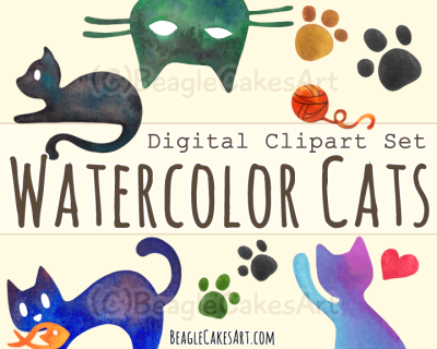 Watercolor Cats Digital Clipart Set, Watercolor Clipart, Animal Clipart, Paws Clipart, Illustrated Clipart