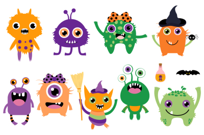 Cute Halloween monsters clip art set, Silly ugly aliens clipart