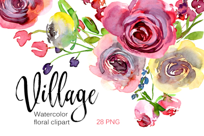 Watercolor village burgundy roses