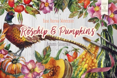 Watercolor Rosehip &amp; Pumpkins Set