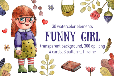 Funny Girl - Watercolor Clip Art Set