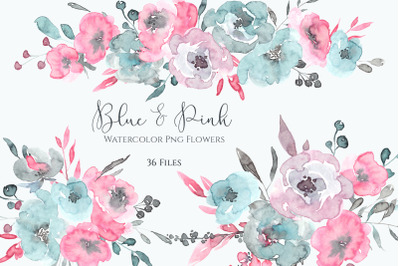 Rustic Pink, Blue Watercolor Flowers