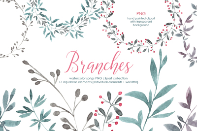 Watercolor branches + wreaths PNG clipart