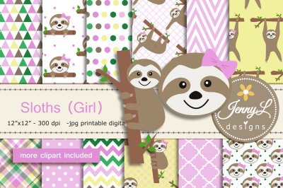 Sloth Girl Digital Papers & Clipart SET