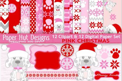 Christmas Puppy Dog Clipart &amp; Digital Paper Set