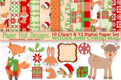 Christmas Woodland Animals Clipart &amp; Digital Paper Set
