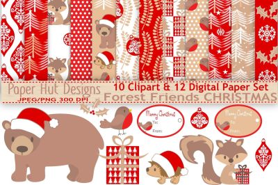 Christmas Forest Animals Clipart and Digital Papers