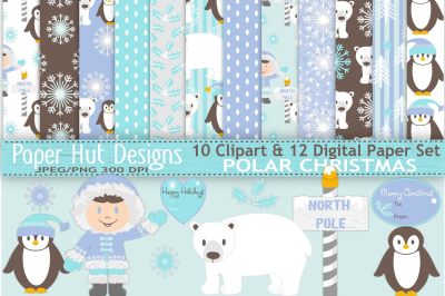 Christmas Polar Animals Clipart &amp; Digital Papers