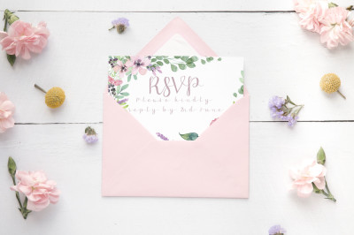 Card and envelope mockup with pink carnations