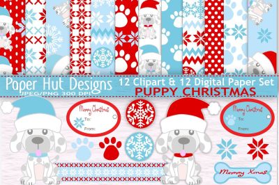 Puppy Christmas Clipart and Digital Papers