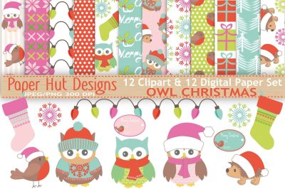 christmas Owl Clipart and Digital Paper Set