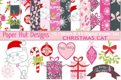 Christmas Cat Clipart and Digital Papers