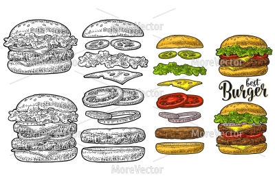 Double and classic burger with flying ingredients include bun, tomato, salad, cheese, onion, cucumber. Best burger lettering. 