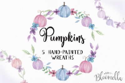 5 Watercolour Pumpkin Wreaths Pink Blue Purple Fall Autumn Garlands