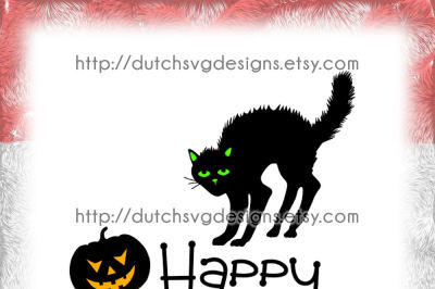 Happy Halloween cutting file with black cat and pumpkin, in Jpg Png SVG EPS DXF, for Cricut & Silhouette, halloween svg, pumpkin svg, 