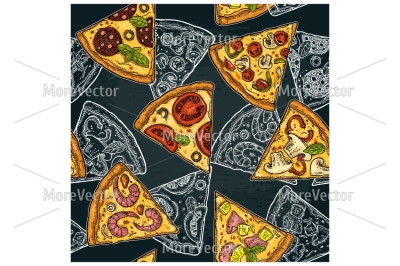 Seamless pattern slice pizza Pepperoni, Hawaiian, Margherita, Mexican, Seafood, Capricciosa.