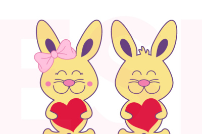 Cute Bunnies with Hearts - Girl and Boy - SVG,DXF, PNG, EPS. Cutting Files