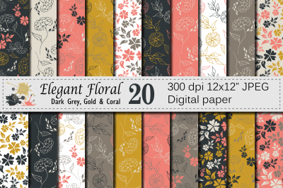 Seamless Elegant Floral Digital Paper, Hand Drawn Flowers - Gray Gold Coral 