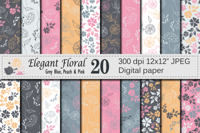 Seamless Elegant Floral Digital Paper, Hand Drawn Flowers - Gray Blue Peach Pink