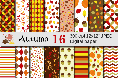 Autumn Digital Paper - Fall Patterns with Pumpkin, Acorn and Leaves