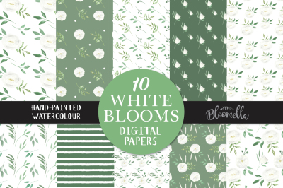 White Blooms Watercolour Floral Digital Papers Wedding Flower Patterns