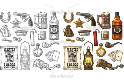 Set with Wild West and lucky symbols. Sheriff star, revolver, dice, horseshoe, wanted poster , whiskey glass, spur , money bag, coins.