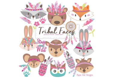 Girls Tribal Animal Faces Clipart
