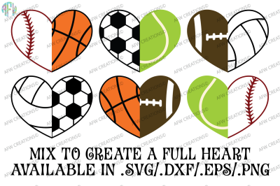 Sports Half Hearts - SVG, DXF, EPS Cut Files