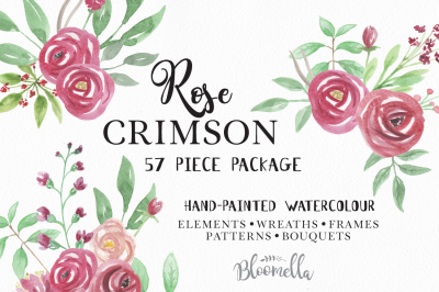 Rose Crimson 57 Piece Watercolour Package Clip Art Set