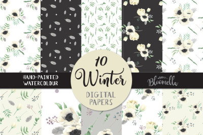 Winter Watercolour Floral Digital Papers Holidays Christmas Seamless Flower Patterns